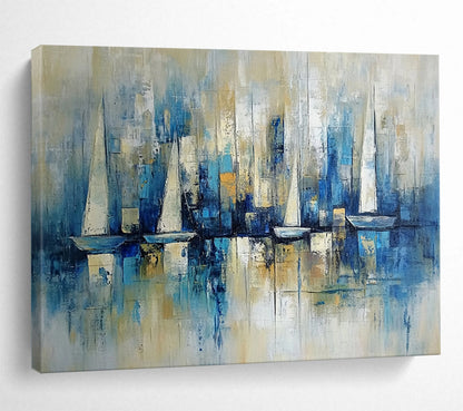 “Blue Sailboat Skyline” - Blue, Beige, White, Abstract Harbor - Impressionist Oil Painting HB1498