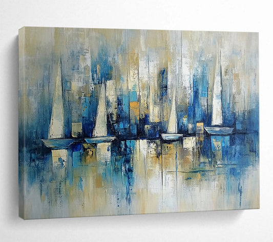 “Blue Sailboat Skyline” - Blue, Beige, White, Abstract Harbor - Impressionist Oil Painting HB1498
