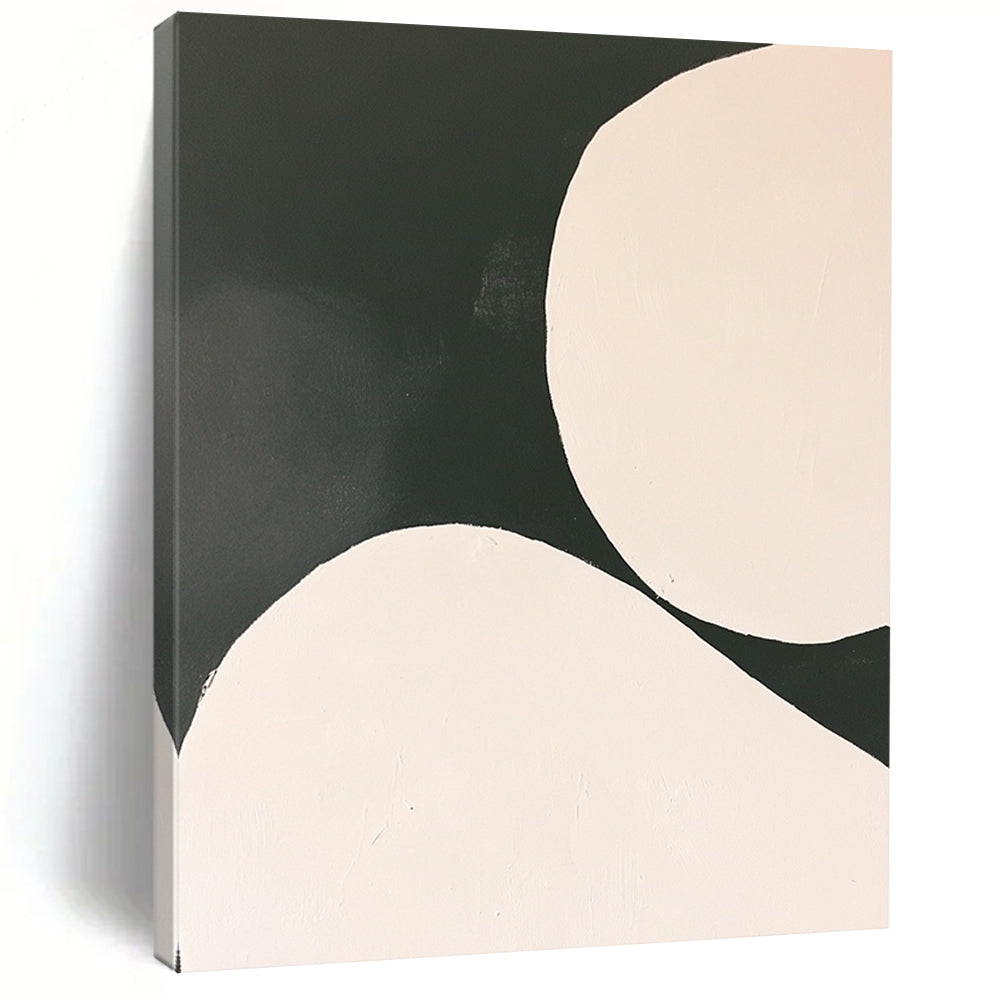 Contemporary abstract painting featuring white circles on a black background in a minimalist style inspired by Tarsila do Amaral. DLZ1753