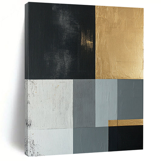 Black, Gold, Gray, White with Geometric Blocks "Elegant Geometry" Abstract Painting On Canvas HB001