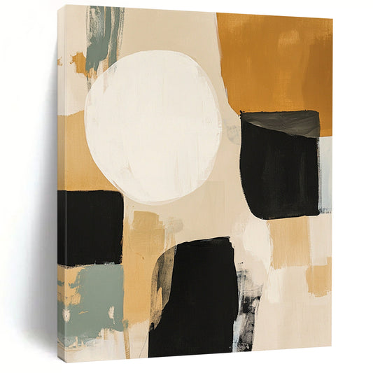 Contemporary hand-painted abstract art features beige black and sage green shapes with a large white circle and expressive brush strokes in mixed media. DLZ0794