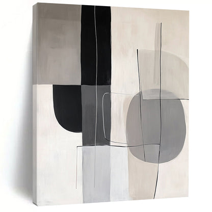 Contemporary hand-painted abstract artwork featuring gray, white, and black shapes that embody the elegance and simplicity of Japandi style. DLZ1050