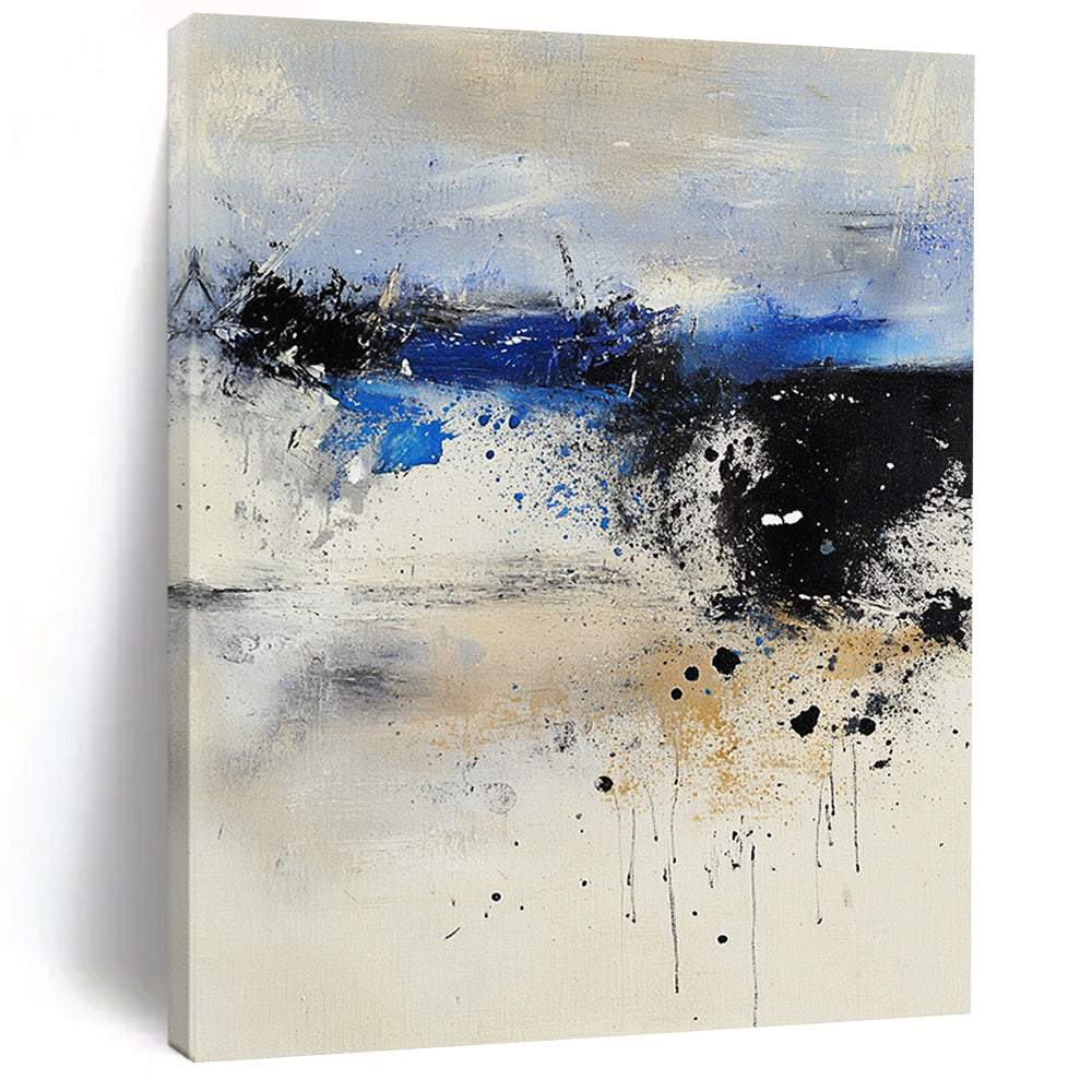 Contemporary large abstract painting featuring pale colors with dark blue and gray tones ethereal landscape textured canvas dreamlike atmosphere harmonious composition. DLZ0942