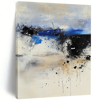 Contemporary large abstract painting featuring pale colors with dark blue and gray tones ethereal landscape textured canvas dreamlike atmosphere harmonious composition. DLZ0942
