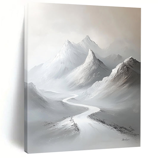 Contemporary large hand-painted abstract artwork featuring snow-covered mountains with a minimalist white palette and elegant brushstrokes on a gray background. DLZ1417