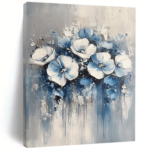 Contemporary abstract painting featuring delicate blue and white floral motifs against a soft grey background, perfect for modern decor. DLZ0349