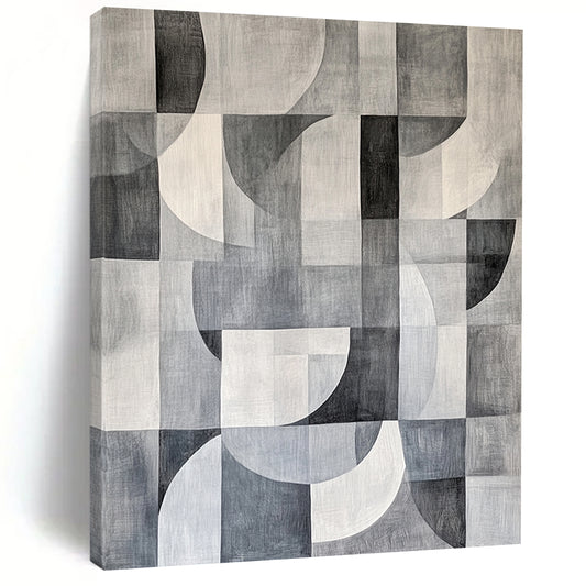 Gray, Black and White Geometric Circles and Squares "Monochrome Harmony" Painting On Canvas HB370