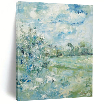 Contemporary hand-painted abstract art featuring soft clouds over serene trees and grass with a calming color palette of blue green and beige. DLZ1473