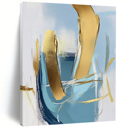 Contemporary hand-painted abstract art featuring a close-up of an armchair with gold foil accents on a light blue and white background. DLZ0573