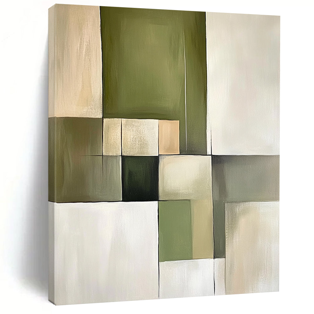 Contemporary abstract painting featuring green and beige blocks with soft tones and simple lines, embodying minimalism and geometric shapes on canvas. DLZ0747