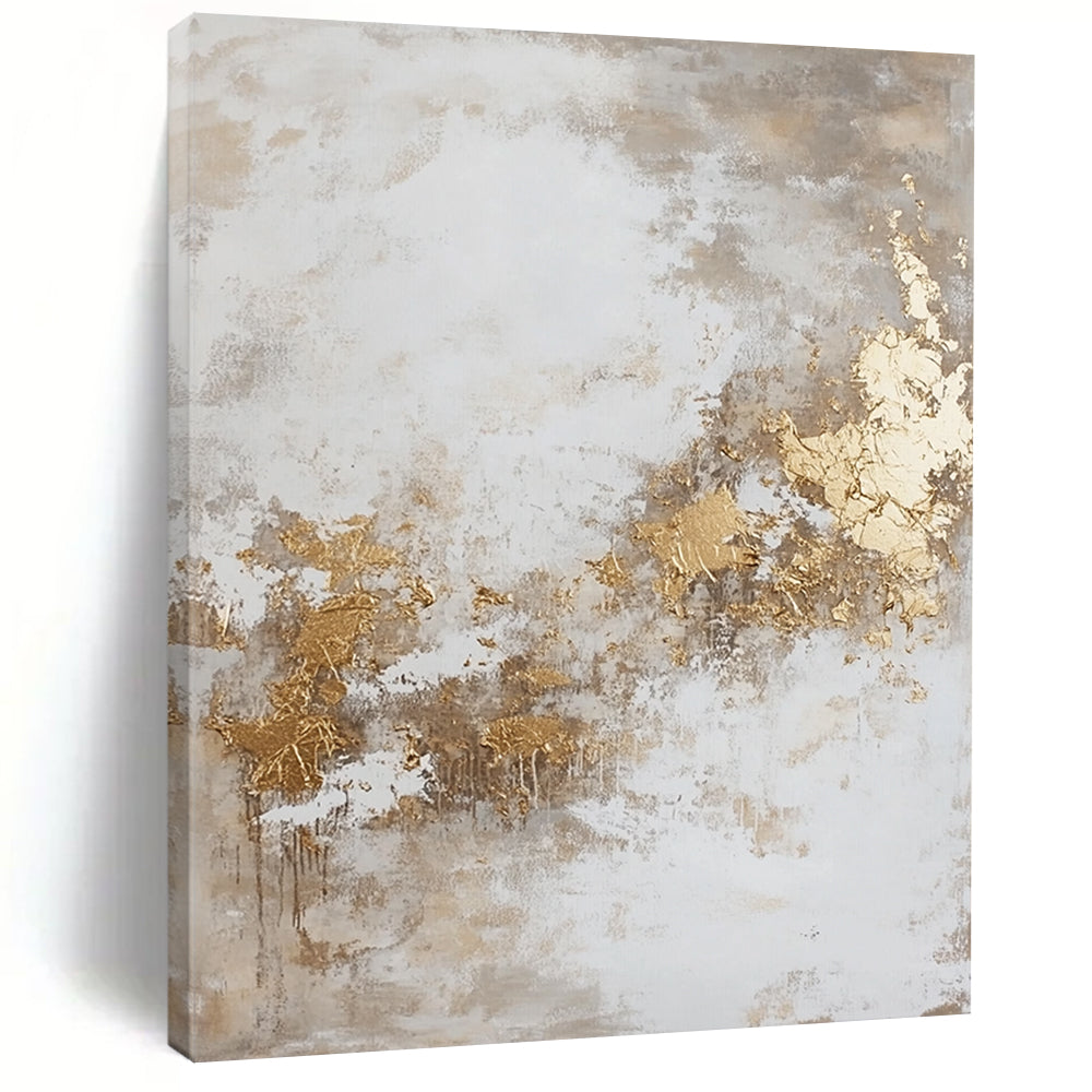 Contemporary hand-painted abstract artwork featuring dynamic paint splatters and luxurious gold foil accents against a backdrop of beige and grey hues. DLZ0534