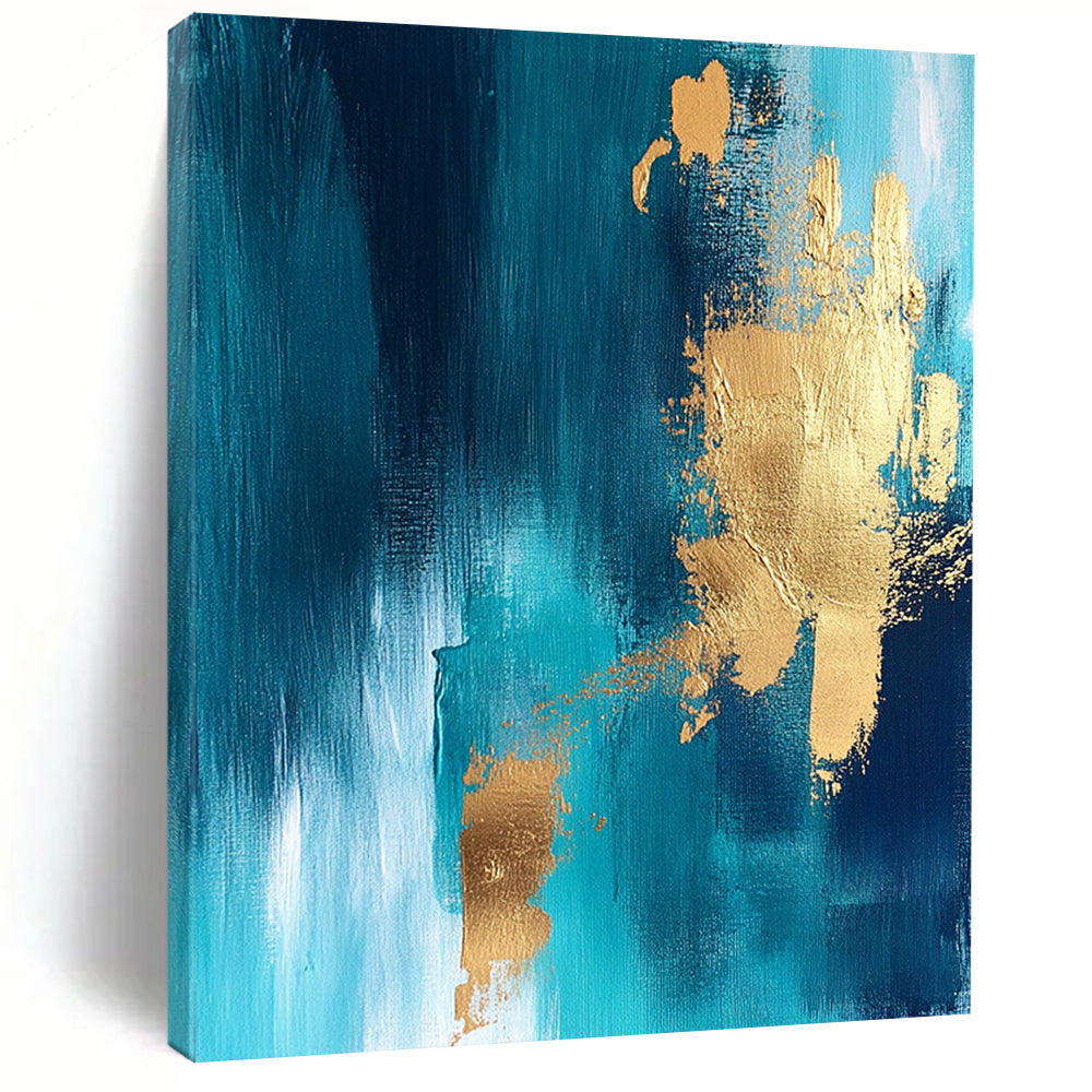 Contemporary abstract artwork featuring vibrant blue and gold foil accents against a rich teal background perfect for modern decor. DLZ0342