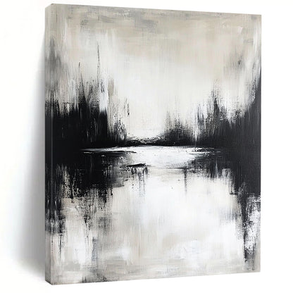 Contemporary hand-painted abstract artwork featuring a moody lake reflection in neutral tones and atmospheric black and white design. DLZ0310