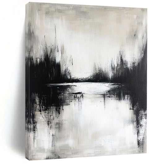 Contemporary hand-painted abstract artwork featuring a moody lake reflection in neutral tones and atmospheric black and white design. DLZ0310