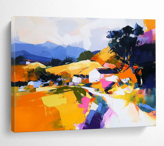 “Colorful Abstract Village” - Orange, Yellow, Pink, Purple, Abstract Village Landscape Painting On Canvas HB1115