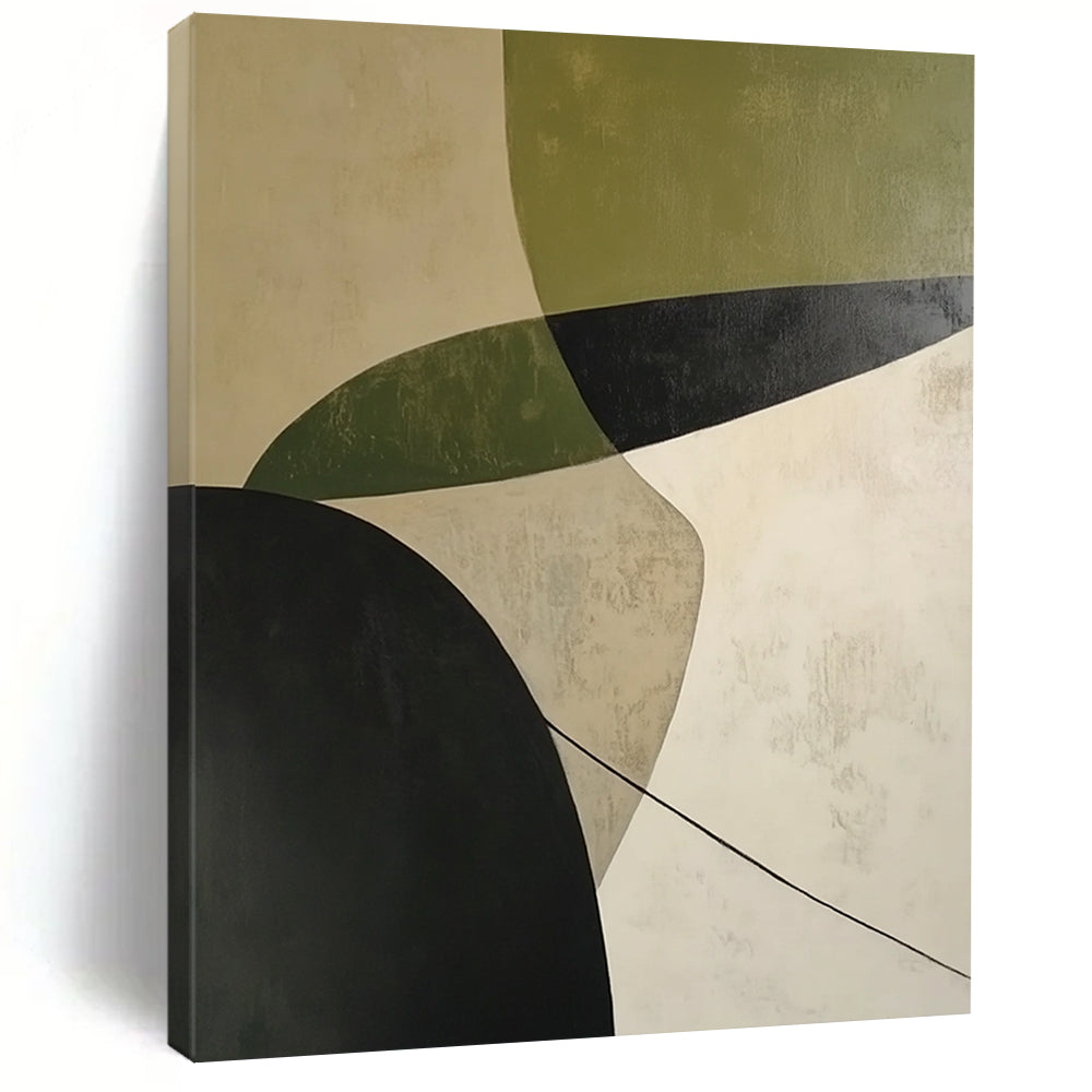 Contemporary abstract painting featuring calming white green and black curves with shadow effects on a beige background expressing simplicity and depth. DLZ1399
