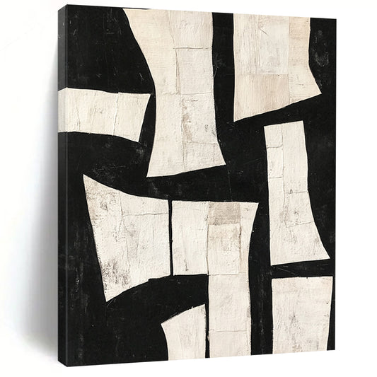 Contemporary hand-painted abstract art featuring deconstructed minimalist shapes and torn paper collage in dynamic white on black. DLZ0303