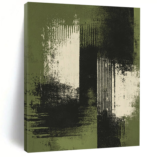 Contemporary hand-painted abstract artwork featuring green and white brush strokes with distressed edges on a dark background and soft tones. DLZ1267