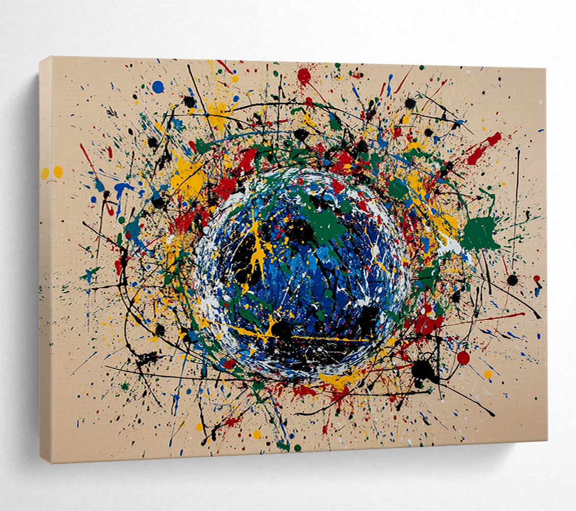 “Color - Splash Sphere” - Multicolor splashes, blue sphere, Abstract Painting On Canvas HB0564