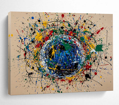 “Color - Splash Sphere” - Multicolor splashes, blue sphere, Abstract Painting On Canvas HB0564