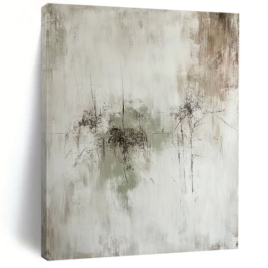 Contemporary hand-painted abstract artwork features a minimalist composition with subtle textures and muted tones of gray green and brown. DLZ0817