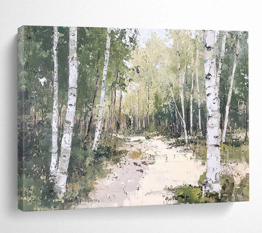 “Birch Forest Path” - Greens, Whites, Earthy Browns, Forest Path - Oil Painting HB1619