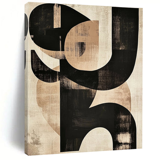 Large contemporary hand-painted abstract art featuring black and beige shapes with prominent S letters on textured paper. DLZ0295