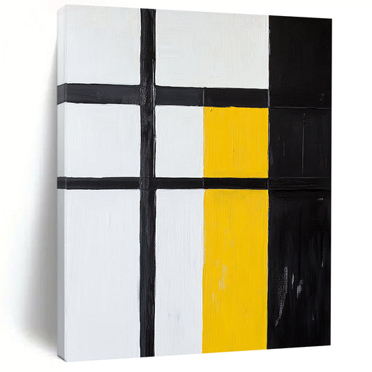 Black, White, Yellow, Geometric Squares "Primary Geometric Squares" Abstract Neo - Platicist Painting On Canvas HB159