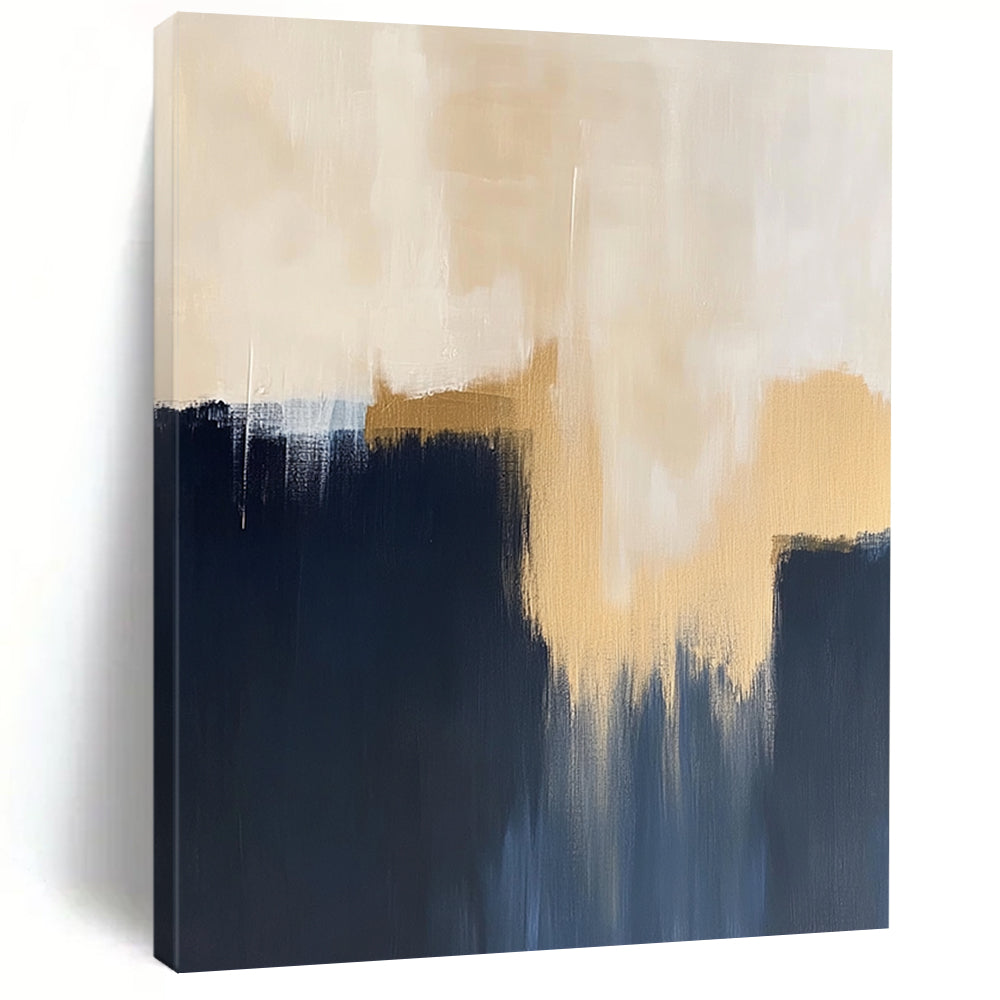 Contemporary hand-painted abstract artwork showcases minimalistic dark blue navy and beige hues with striking gold accents. DLZ0884