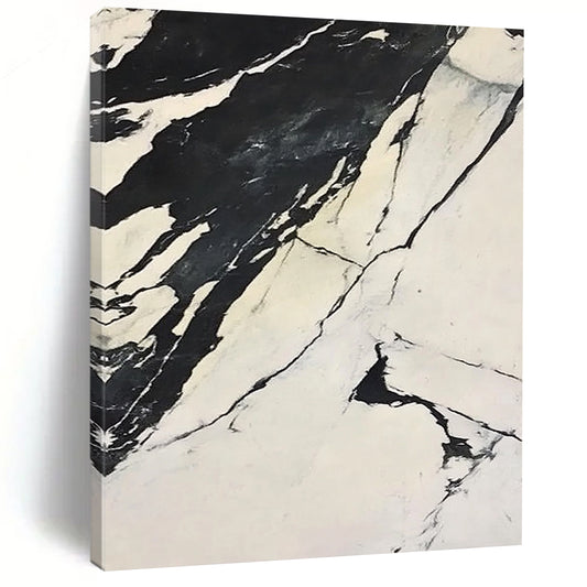 Contemporary abstract artwork featuring high-contrast black and white marble design with flowing forms on a snowy backdrop inspired by Claude Monet. DLZ1544