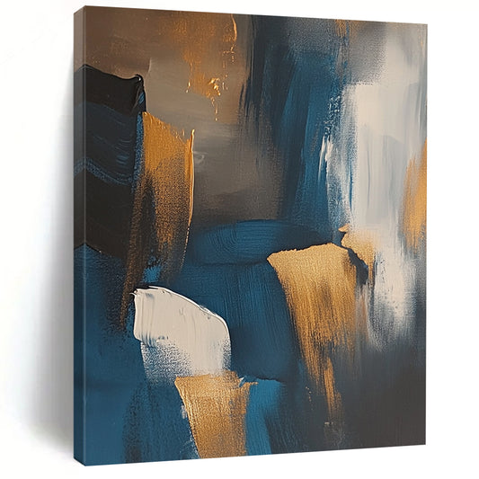 Contemporary abstract art depicting the Irish coast featuring dark blue and gold tones with expressive brush strokes and muted colors. DLZ1002