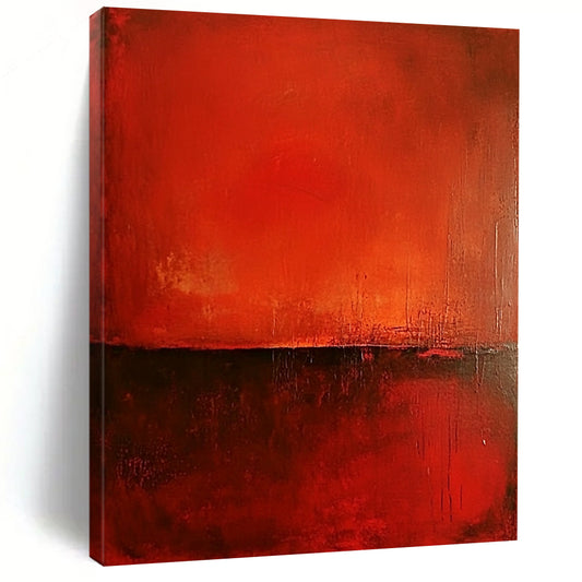 Contemporary abstract painting features a rich red background, smooth red surface, and warm dark brown accents, creating minimalist atmospheric depth and intriguing textures. DLZ1448