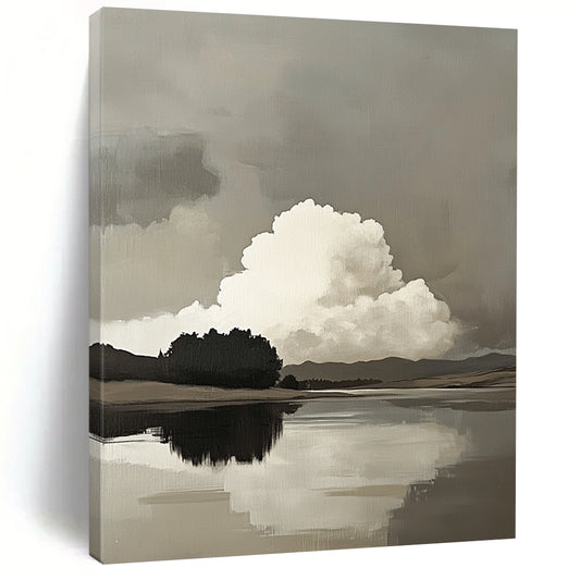 Contemporary abstract art featuring atmospheric clouds over a serene lake with hills and trees in soft neutral tones and subtle brush strokes. DLZ1097