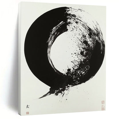 White, Black with Enso - like Circle "Zen Essence" Abstract Painting On Canvas HB020