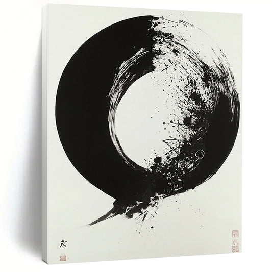 White, Black with Enso - like Circle "Zen Essence" Abstract Painting On Canvas HB020