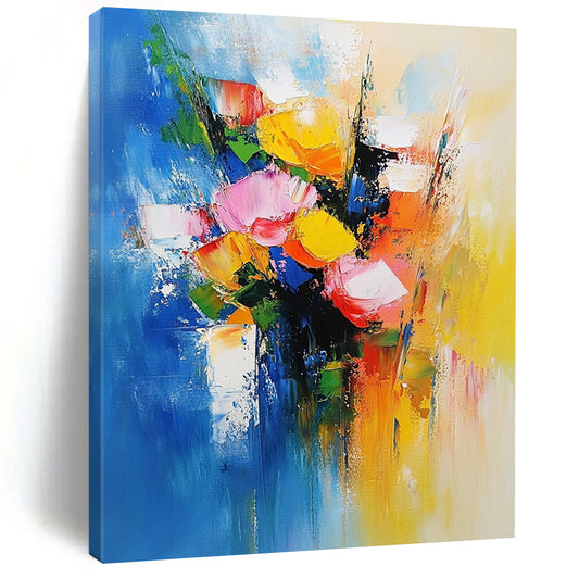 Bold contemporary abstract painting featuring vibrant flowers against soft blue and yellow tones evoking joy and vitality with dynamic brushwork. DLZ0374