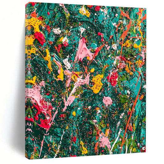 Vibrant abstract expressionist painting on teal canvas showcasing chaotic splattered paint and glitter with rich colors and dynamic brushwork in a jungle-green background. DLZ1178