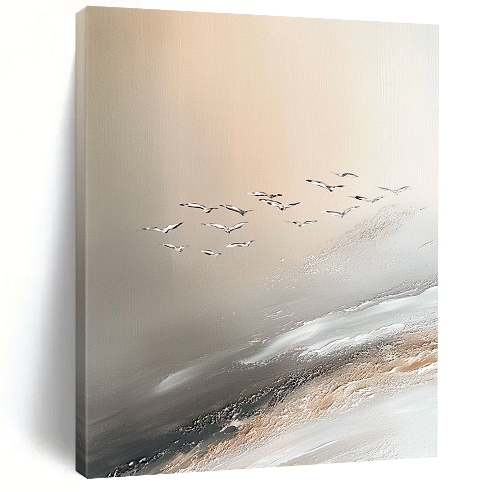 Contemporary abstract painting showcasing Jupiter's serene beauty with soft sand dune-inspired colors and seagulls enhancing the tranquil atmosphere. DLZ1137