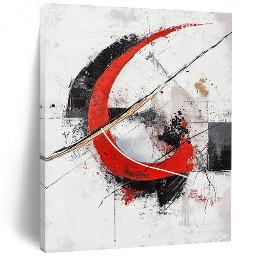 White, Red, Black, Gray, Gold, Circular Motifs "Crimson Enso" Abstract Zen - Inspired Painting On Canvas HB070