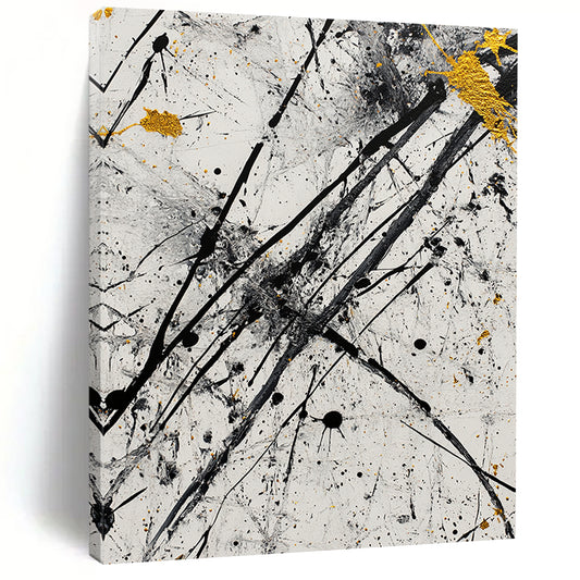 Black, White, Gray, Gold, Dynamic Drips "Starry Chaos" Abstract Pollock - Inspired Painting On Canvas HB064