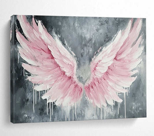 “Pink Winged Dreams” - Soft pinks, whites, grays; Textured angel wings, dripping paint; Contemporary Abstract Painting On Canvas HB1162