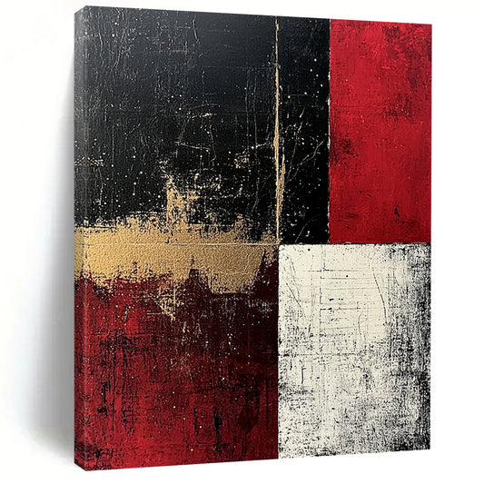 Black, Red, White, Gold, Geometric Blocks "Rustic Drama" Abstract Painting On Canvas HB039