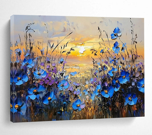 “Blue Flowers at Sunset Landscape” - Blue, Purple, Yellow, Floral Sunset Scene Painting On Canvas HB0846