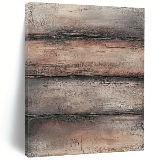 Contemporary hand-painted abstract art featuring textured layers of brown and gray evoking weathered wood in a rugged industrial style. DLZ1480