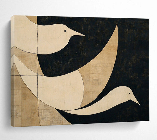 “Minimalist Birds” - White, black, beige, Minimalist Animal Painting HB0635