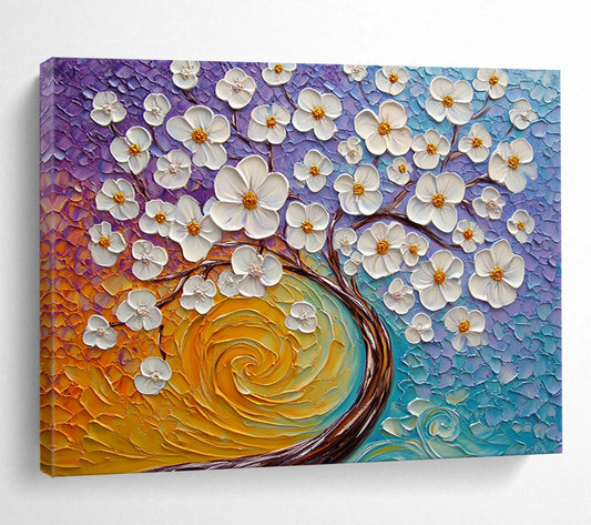 “3D White Flowers on Colorful Textured Background” - Purple, Blue, Orange, White 3D Flowers - Textured Acrylic Painting HB1636