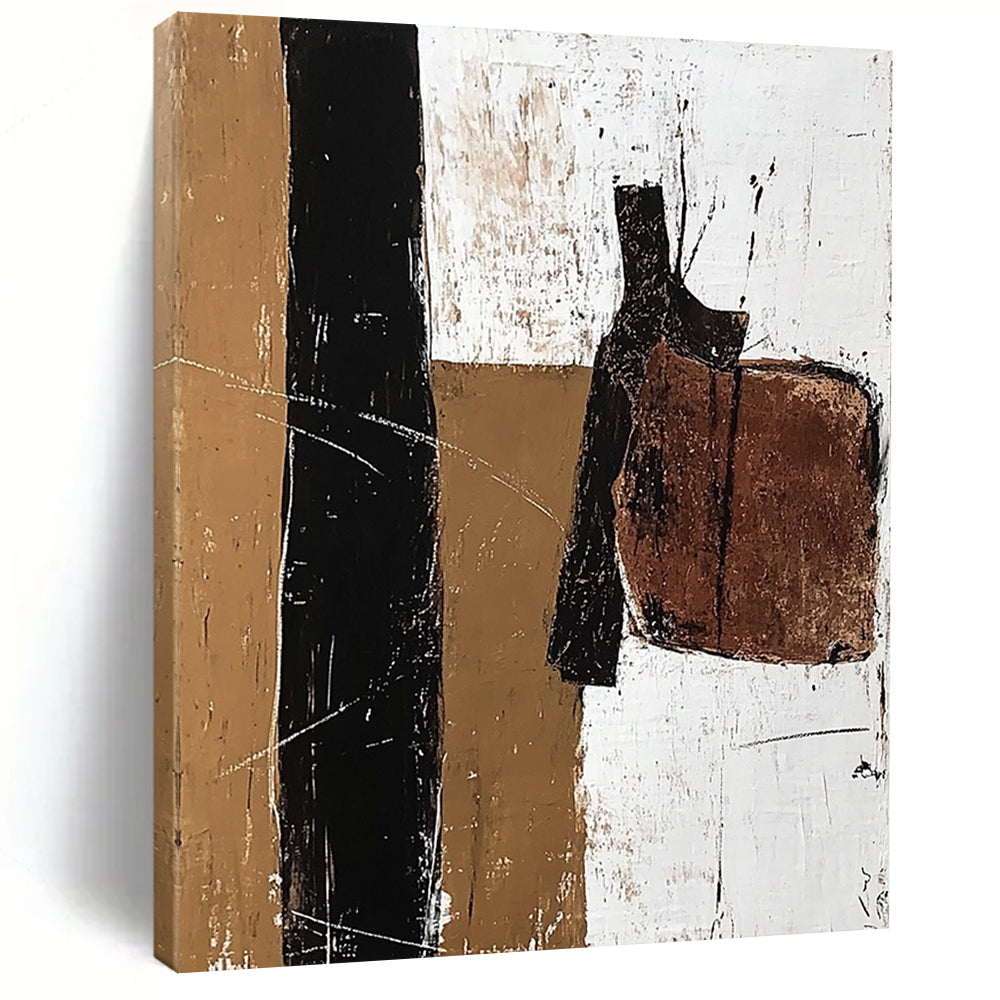 Large contemporary abstract painting featuring a vertical line of acrylic paint and earthy tones with details of an old leather saddle. DLZ1032
