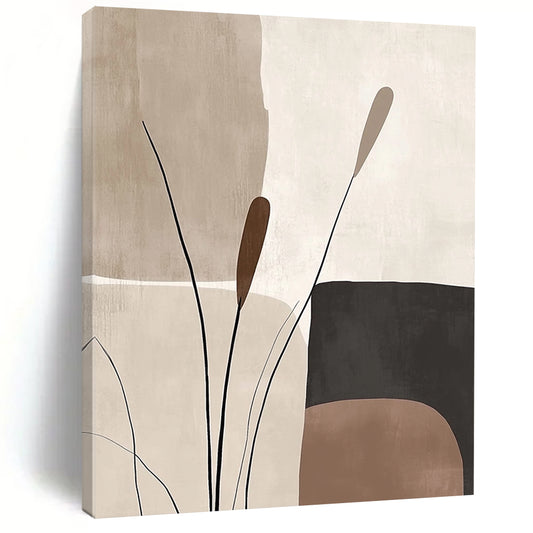Contemporary abstract artworks feature organic forms in beige and brown tones offering a serene minimalist aesthetic with harmonious geometric patterns. DLZ0791