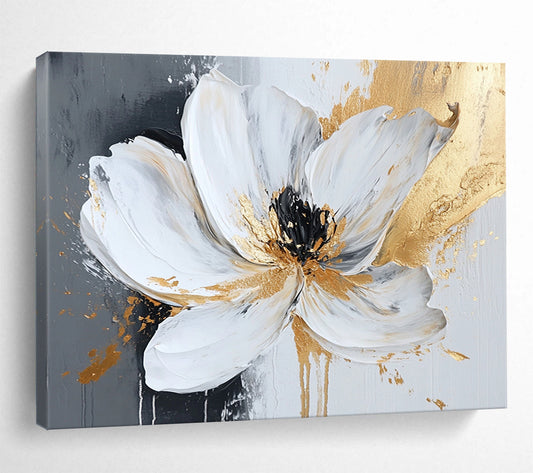“Gilded White Flower” - White Petals, Gold Accents, Black Center, Textured Floral Painting On Canvas HB1103