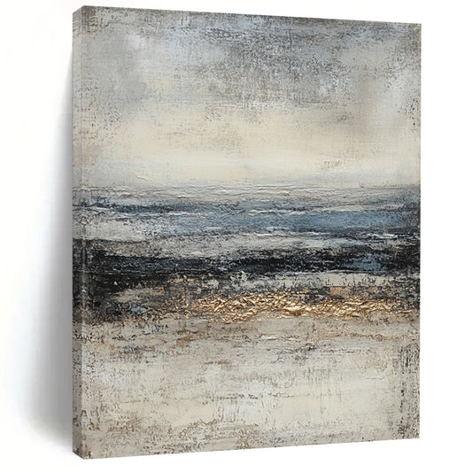 Contemporary hand-painted abstract art featuring textured layers of gray and blue with warm gold accents and a misty horizon evoking mystery and solitude. DLZ0656